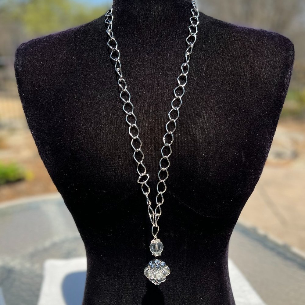 Long Necklace Crystal Jeweled Layering Bright Silver Tone Artisan Handmade NWT